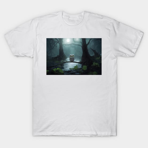 Mystical owl sitting on branch at dark forest T-Shirt by DyeruArt